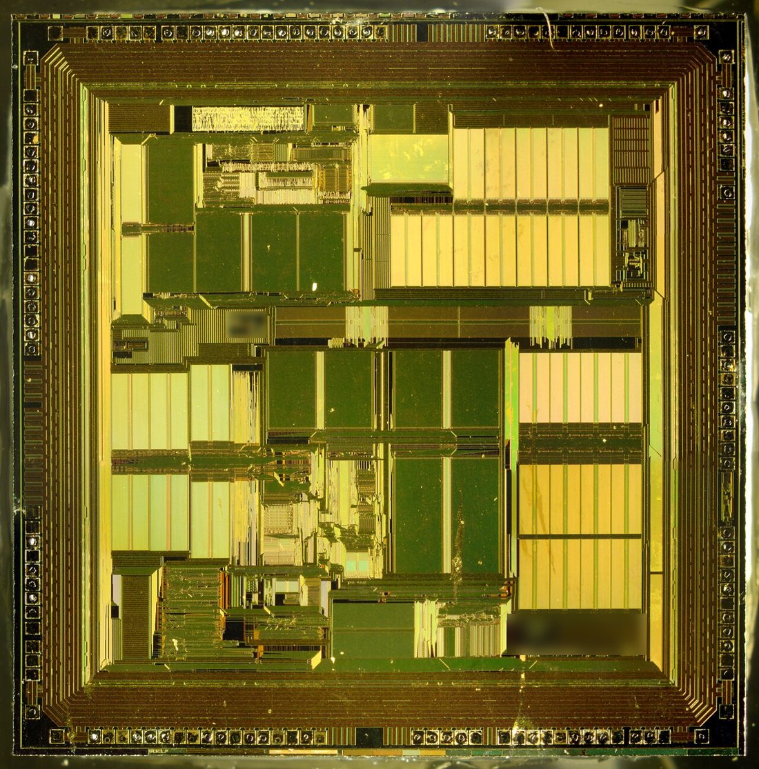 Foto ampliada de um chip de silício quadrado, em tons de dourado e verde, com blocos retangulares parecidos com quarteirões e uma moldura de contatos nas bordas.
